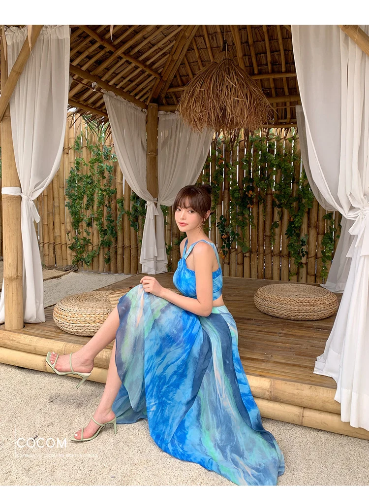 Foreign Trade Women's 2025 Summer New Temperament Sling Long Dress Fashion Waist Chiffon Printed Large Swing Dress dress