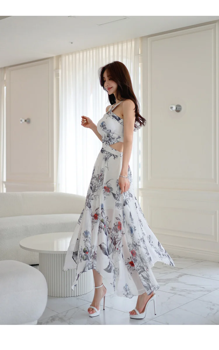 Foreign Trade Women's 2025 Summer New Temperament Sling Long Dress Fashion Waist Chiffon Printed Large Swing Dress dress