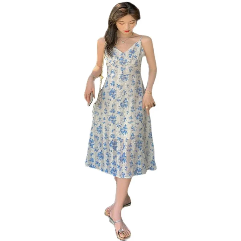2025 Summer Women's Floral Dress Short Tall French Style V-Neck Strap Casual Dress