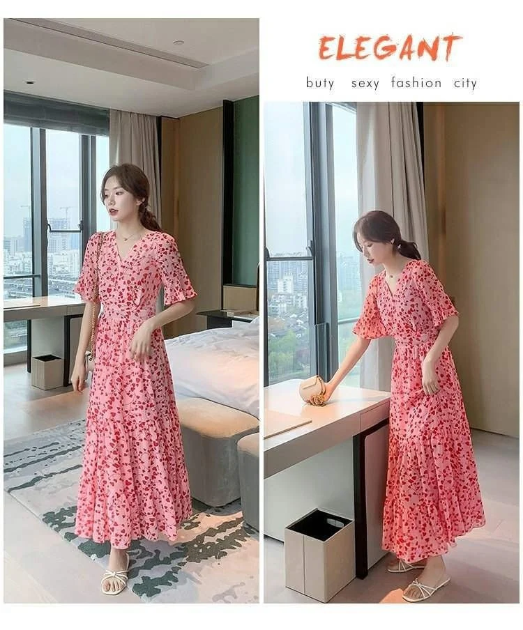 2024 Summer dress Summer plus size Women's New Loose Slimming Belly Covering Plus Weight Plus Chiffon Long Dress All-match