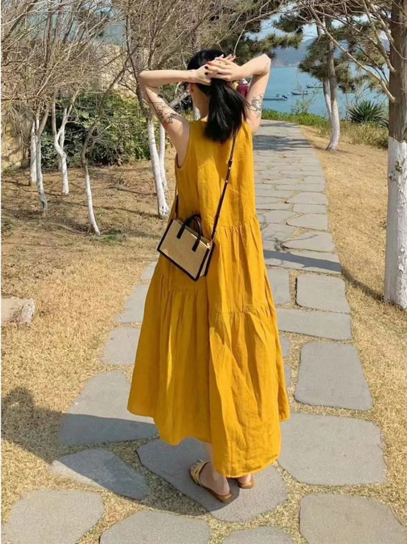 Summer New Cotton and Linen Ins Gentle Solid Color Sleeveless dress French Loose Strap Slimming Holiday Style Long Dress
