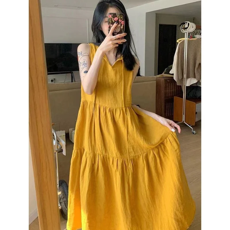 Summer New Cotton and Linen Ins Gentle Solid Color Sleeveless dress French Loose Strap Slimming Holiday Style Long Dress