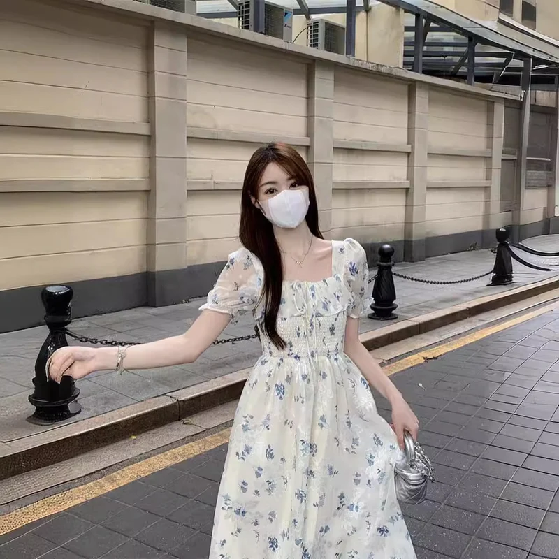 Gentle Floral Dress for Women, Summer 2026 New Chiffon Seaside Vacation First Love Dress, Puff Sleeve Long Dress