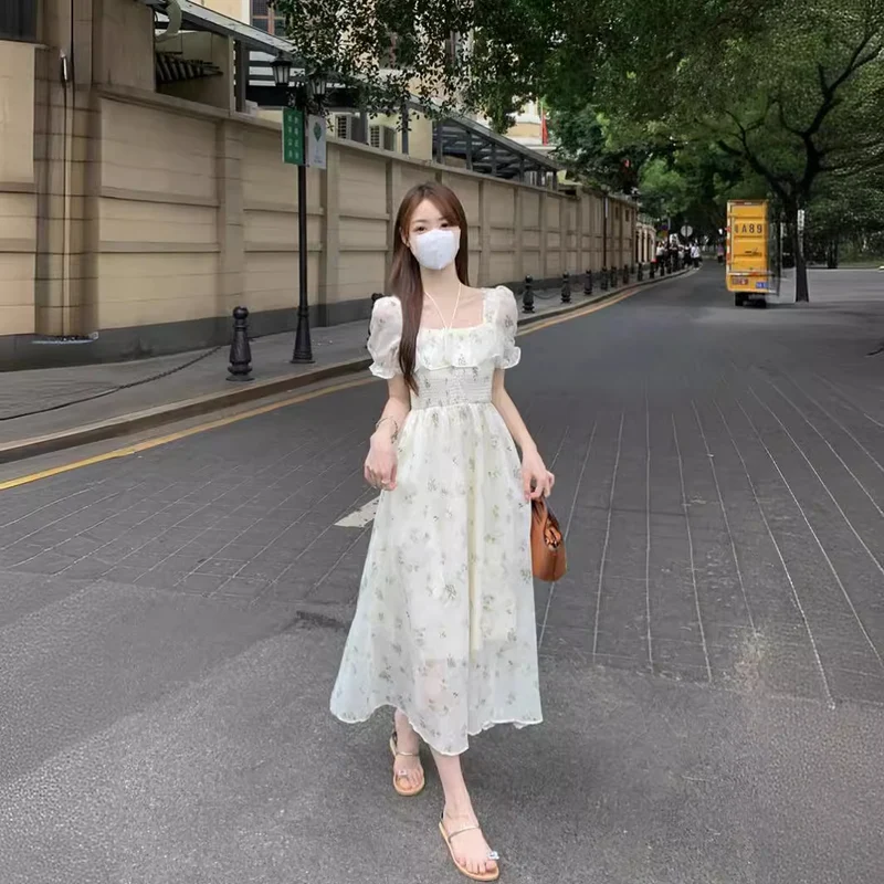 Gentle Floral Dress for Women, Summer 2026 New Chiffon Seaside Vacation First Love Dress, Puff Sleeve Long Dress