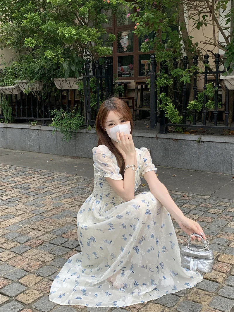 Gentle Floral Dress for Women, Summer 2026 New Chiffon Seaside Vacation First Love Dress, Puff Sleeve Long Dress