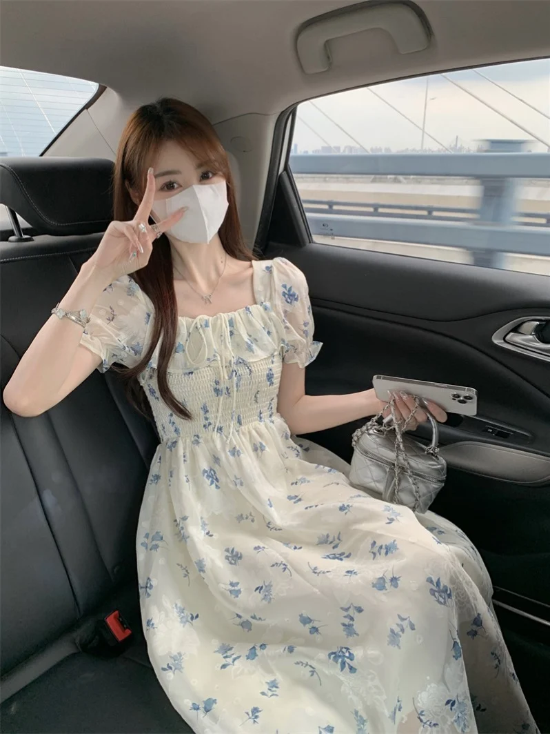 Gentle Floral Dress for Women, Summer 2026 New Chiffon Seaside Vacation First Love Dress, Puff Sleeve Long Dress
