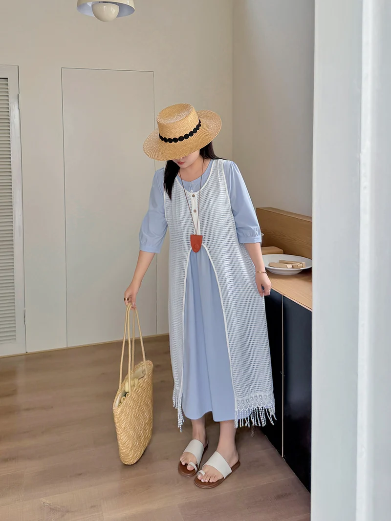 Two days 2025 spring new plus size women's tassel hollow blouse/solid color waist dress 8782AB