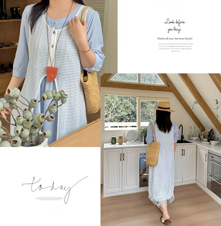 Two days 2025 spring new plus size women's tassel hollow blouse/solid color waist dress 8782AB