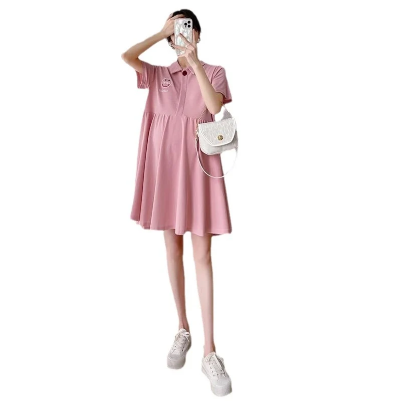 Pregnant Women's Dress Women's Summer Trendy Mom Thin Short-sleeved Top Pink Polo Collar Fashion Nursing Summer Dress