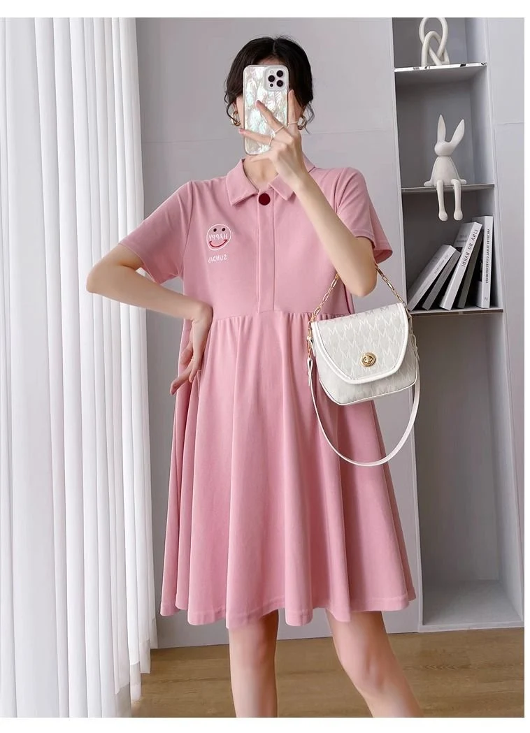 Pregnant Women's Dress Women's Summer Trendy Mom Thin Short-sleeved Top Pink Polo Collar Fashion Nursing Summer Dress