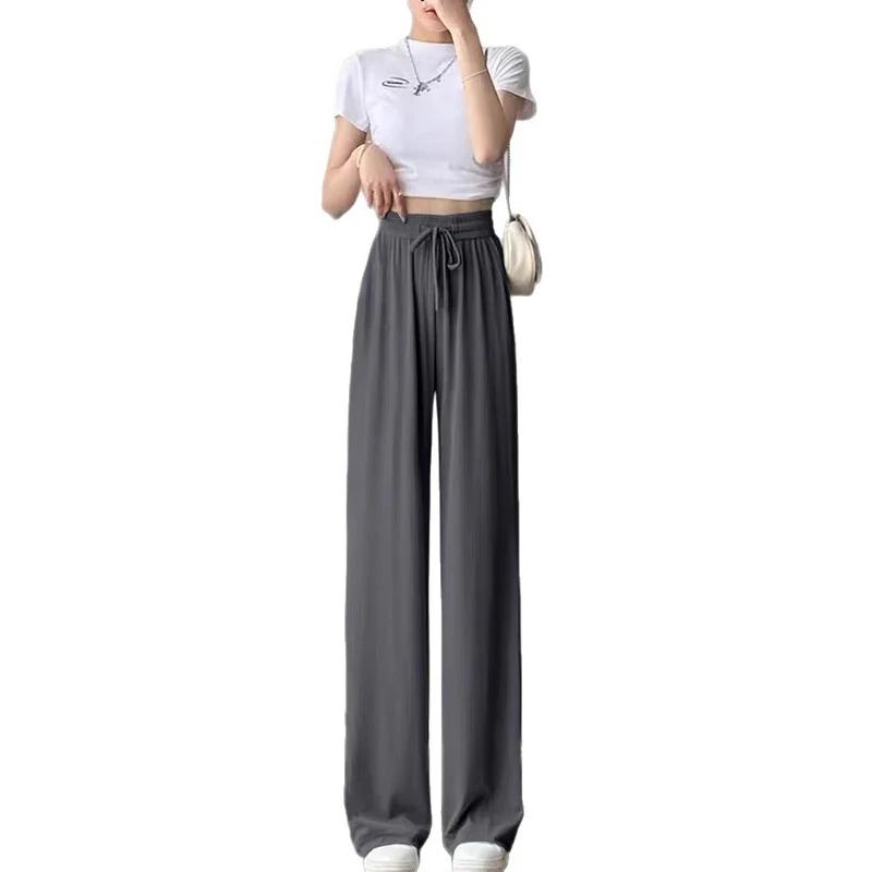 Ice Silk Wide-Leg Pants for Women, Summer Thin High-Waisted Drape Cool Mosquito-Proof Sun-Protective Casual Versatile Floor-Length Straight Pants