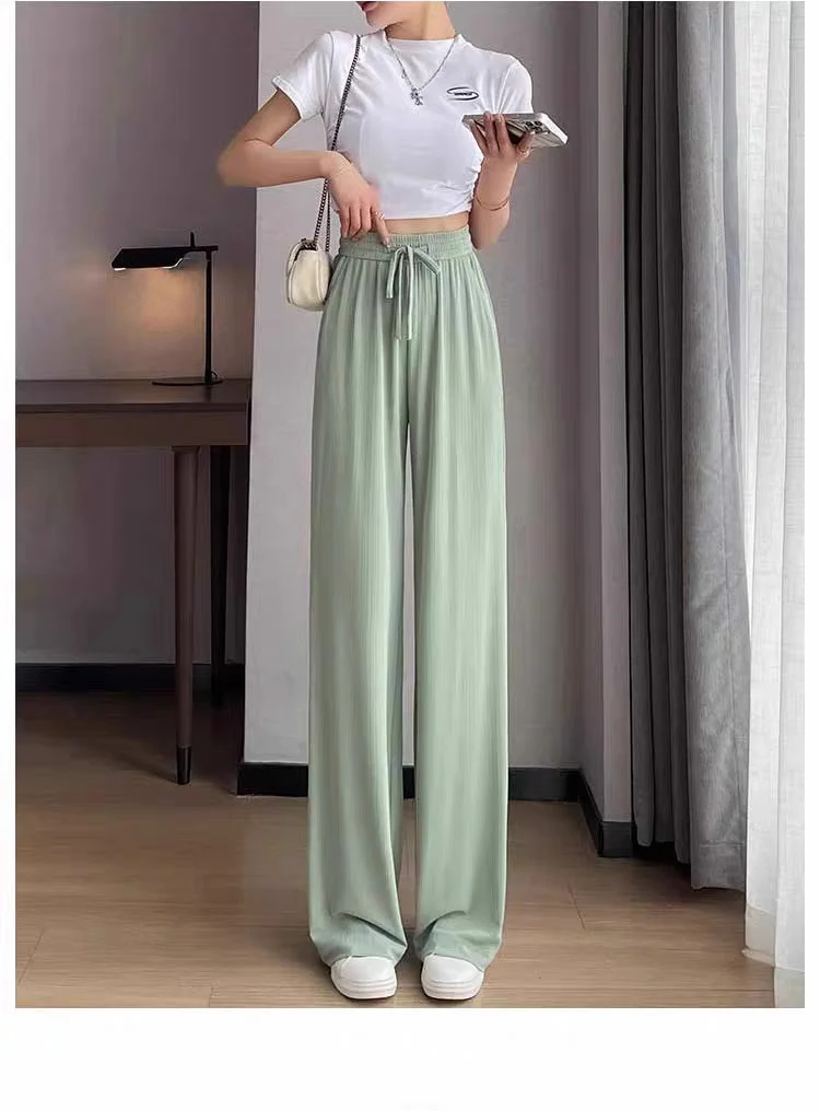 Ice Silk Wide-Leg Pants for Women, Summer Thin High-Waisted Drape Cool Mosquito-Proof Sun-Protective Casual Versatile Floor-Length Straight Pants