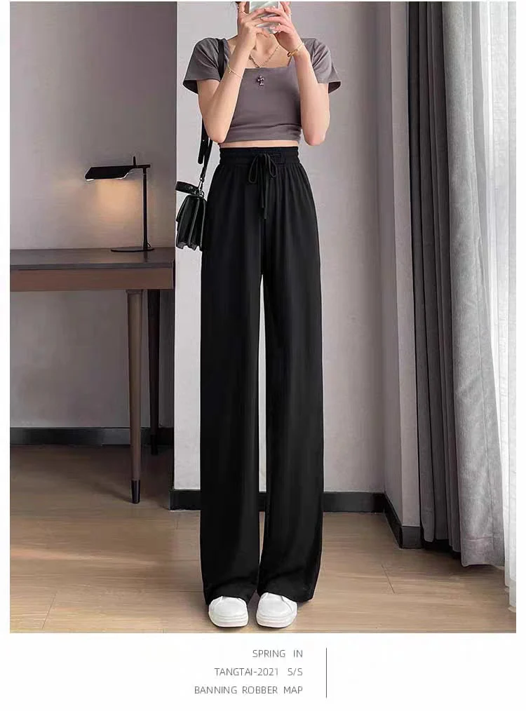 Ice Silk Wide-Leg Pants for Women, Summer Thin High-Waisted Drape Cool Mosquito-Proof Sun-Protective Casual Versatile Floor-Length Straight Pants