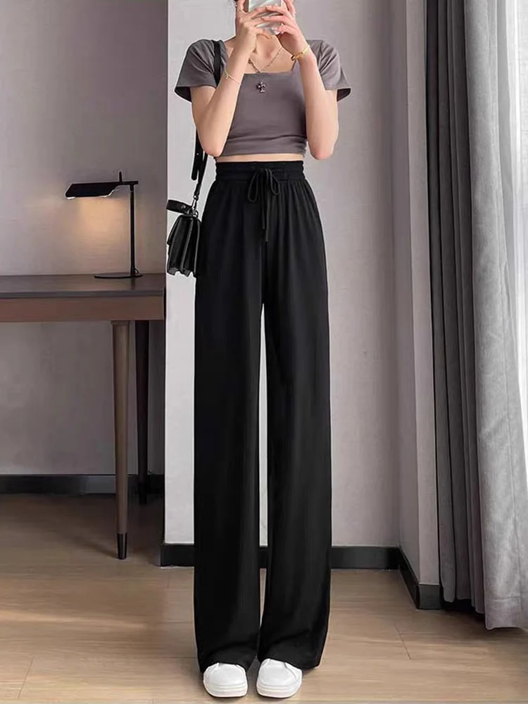 Ice Silk Wide-Leg Pants for Women, Summer Thin High-Waisted Drape Cool Mosquito-Proof Sun-Protective Casual Versatile Floor-Length Straight Pants