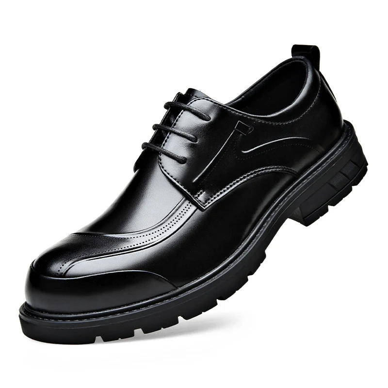 Men's Business Casual Leather Shoes with Large Toe, Thick Sole, Lace-Up, Hollow-Out Design, Fashionable British Style, Versatile Formal Men's Shoes, Breathable