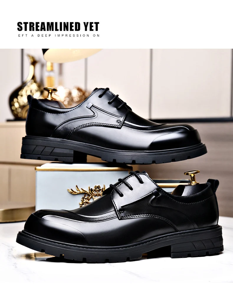 Men's Business Casual Leather Shoes with Large Toe, Thick Sole, Lace-Up, Hollow-Out Design, Fashionable British Style, Versatile Formal Men's Shoes, Breathable