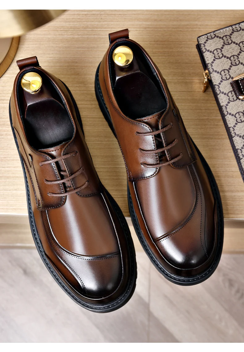 Men's Business Casual Leather Shoes with Large Toe, Thick Sole, Lace-Up, Hollow-Out Design, Fashionable British Style, Versatile Formal Men's Shoes, Breathable