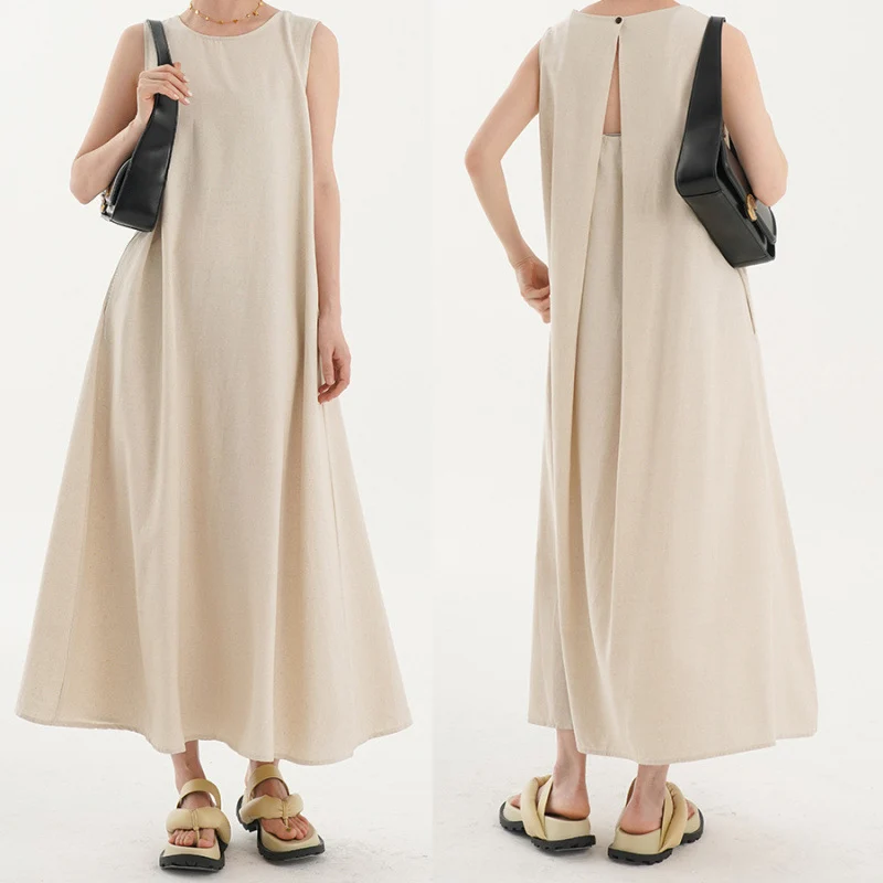 Korean Chic2026 Summer French Design Loose Backless Sleeveless Vest Dress Casual Age-Reducing Long Dress