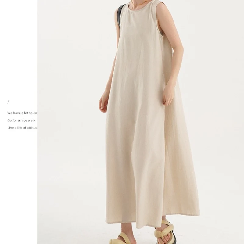Korean Chic2026 Summer French Design Loose Backless Sleeveless Vest Dress Casual Age-Reducing Long Dress