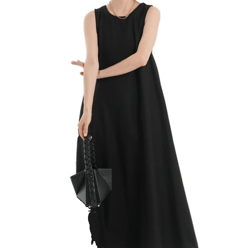 Korean Chic2026 Summer French Design Loose Backless Sleeveless Vest Dress Casual Age-Reducing Long Dress