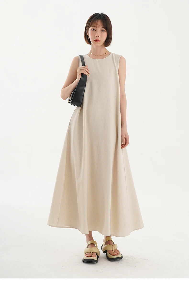 Korean Chic2026 Summer French Design Loose Backless Sleeveless Vest Dress Casual Age-Reducing Long Dress