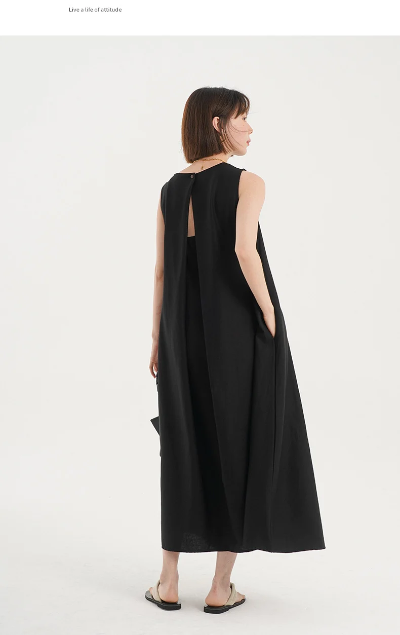 Korean Chic2026 Summer French Design Loose Backless Sleeveless Vest Dress Casual Age-Reducing Long Dress