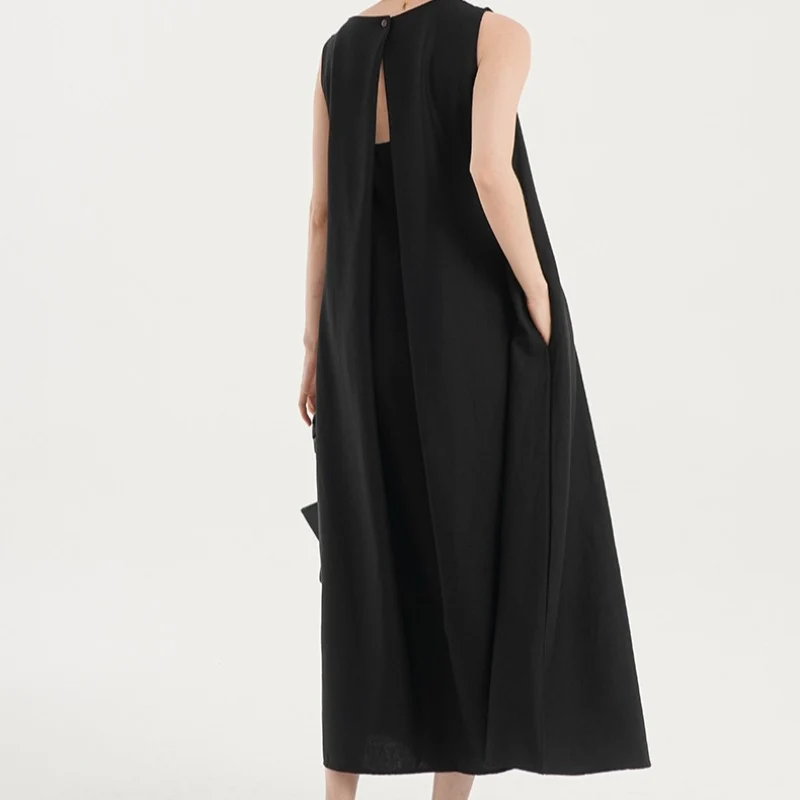 Korean Chic2026 Summer French Design Loose Backless Sleeveless Vest Dress Casual Age-Reducing Long Dress