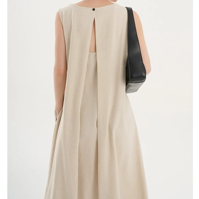 Korean Chic2026 Summer French Design Loose Backless Sleeveless Vest Dress Casual Age-Reducing Long Dress