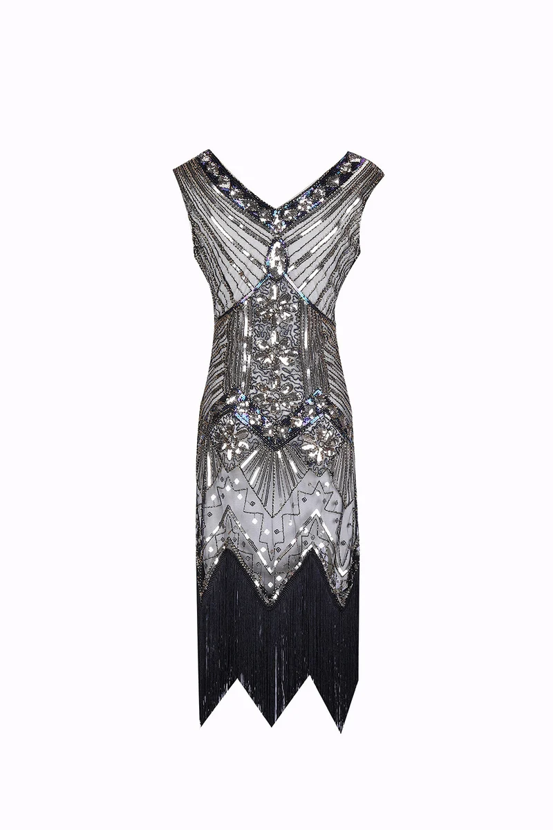 S-4Xl Amazon Wish Real Shot 1920S Retro Sequin Dress Handmade Beaded Tassel Plus Size Evening Dress