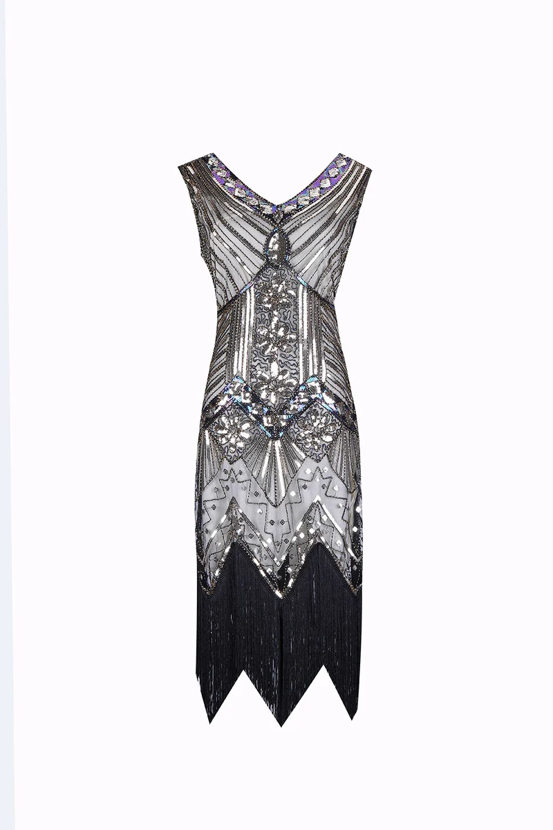 S-4Xl Amazon Wish Real Shot 1920S Retro Sequin Dress Handmade Beaded Tassel Plus Size Evening Dress