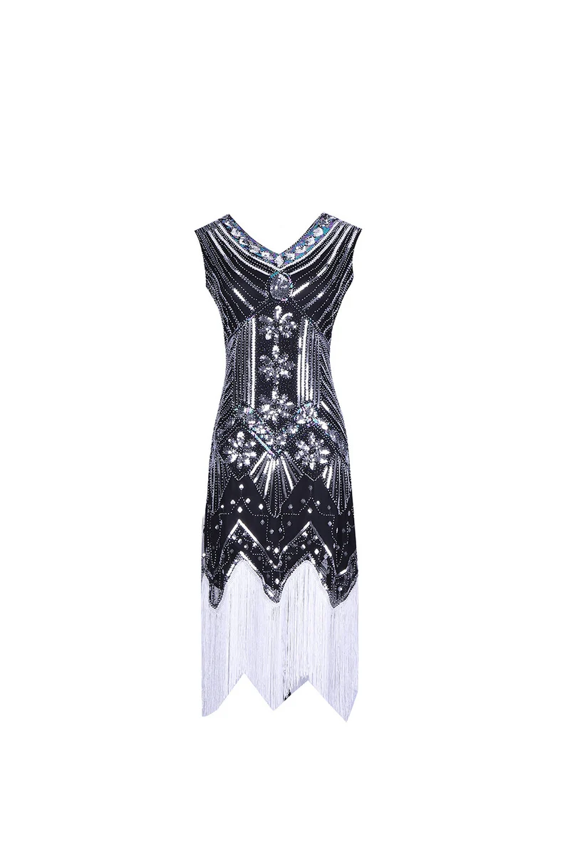 S-4Xl Amazon Wish Real Shot 1920S Retro Sequin Dress Handmade Beaded Tassel Plus Size Evening Dress