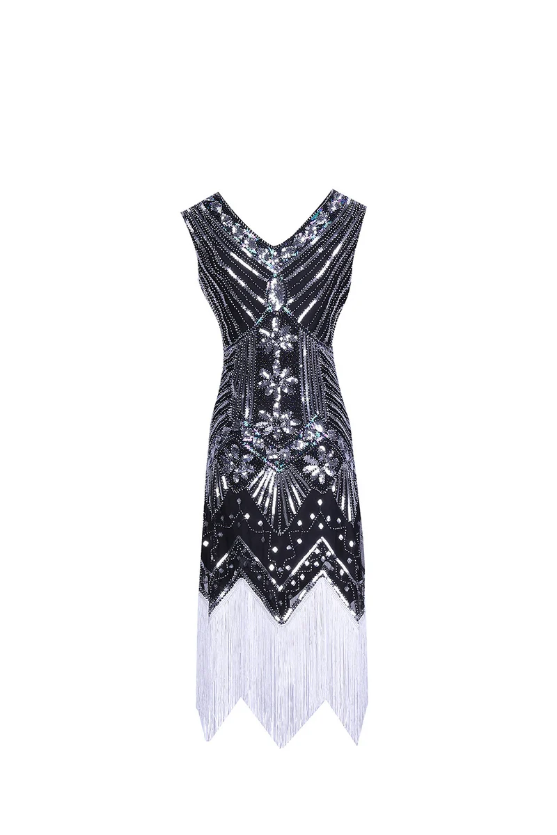 S-4Xl Amazon Wish Real Shot 1920S Retro Sequin Dress Handmade Beaded Tassel Plus Size Evening Dress
