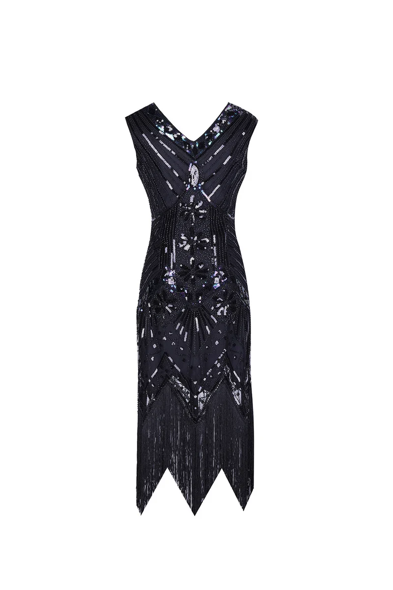 S-4Xl Amazon Wish Real Shot 1920S Retro Sequin Dress Handmade Beaded Tassel Plus Size Evening Dress