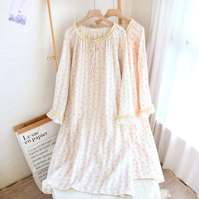 Spring and Summer Long Sleeve Round Neck Lace Sweet Long Dress Women's Thin Cotton Loose Outer Wear Small Floral Home Dress