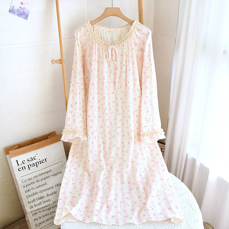 Spring and Summer Long Sleeve Round Neck Lace Sweet Long Dress Women's Thin Cotton Loose Outer Wear Small Floral Home Dress