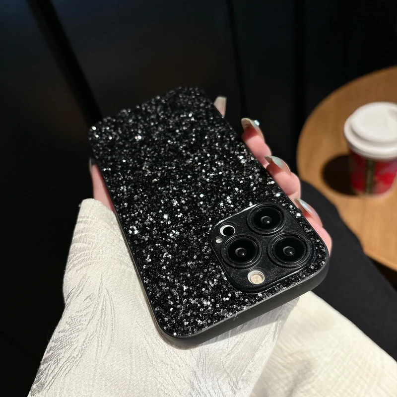 Luxury Full Cover Black Flash Drill Soft Case For iphone 18 17 16 15 14 13 12 11 Pro Max Plus 16E Air Glitter Shockproof Shell