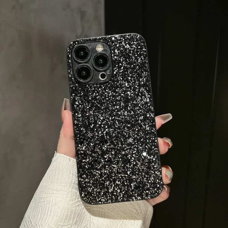 Luxury Full Cover Black Flash Drill Soft Case For iphone 18 17 16 15 14 13 12 11 Pro Max Plus 16E Air Glitter Shockproof Shell