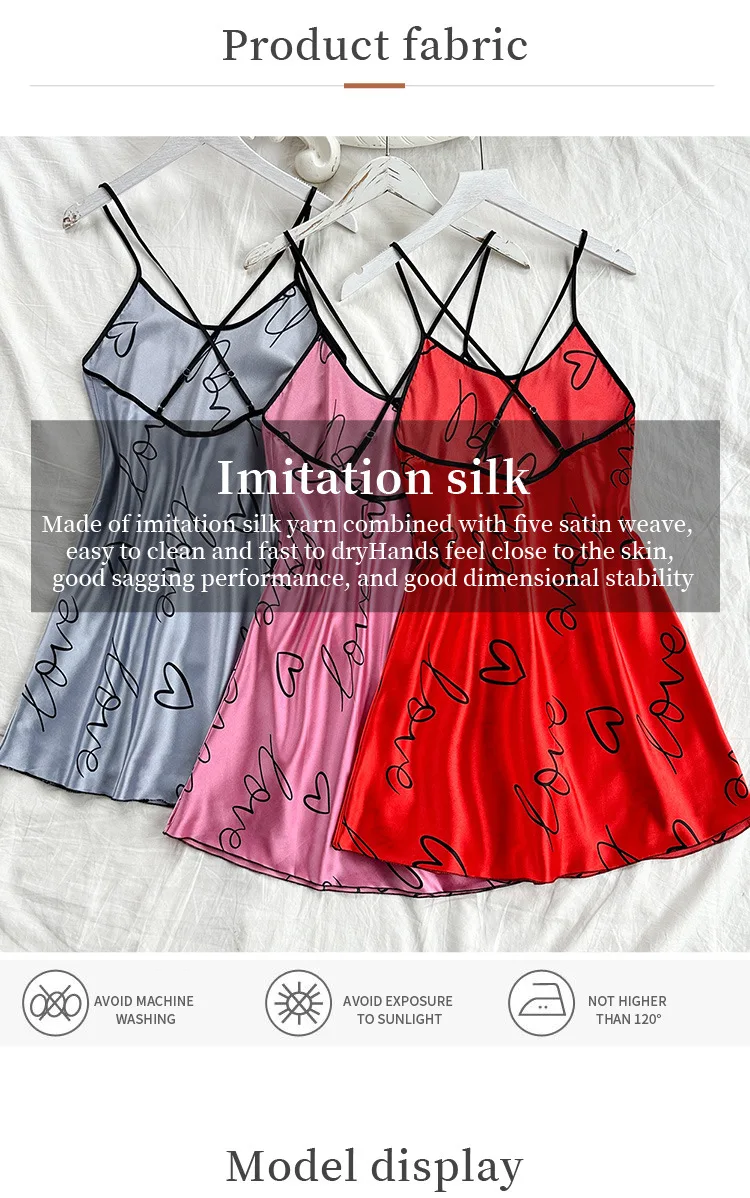 Heart Letter Print Nightdress Casual Round Neck Spaghetti Strap Sleep Dress Women's Sleepwear Dresses