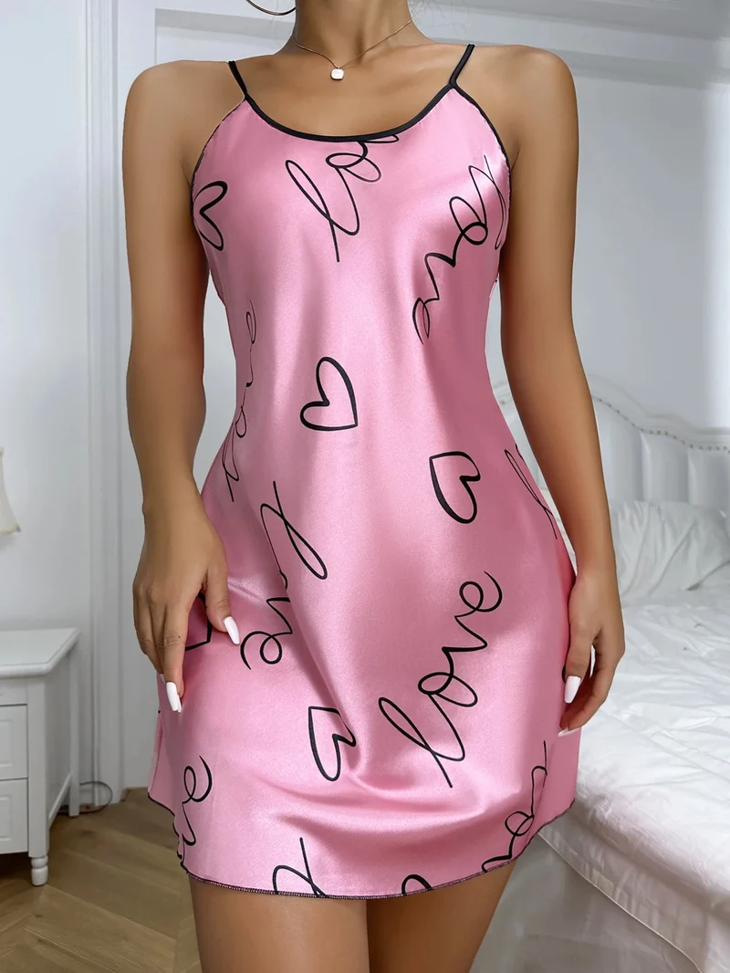 Heart Letter Print Nightdress Casual Round Neck Spaghetti Strap Sleep Dress Women's Sleepwear Dresses