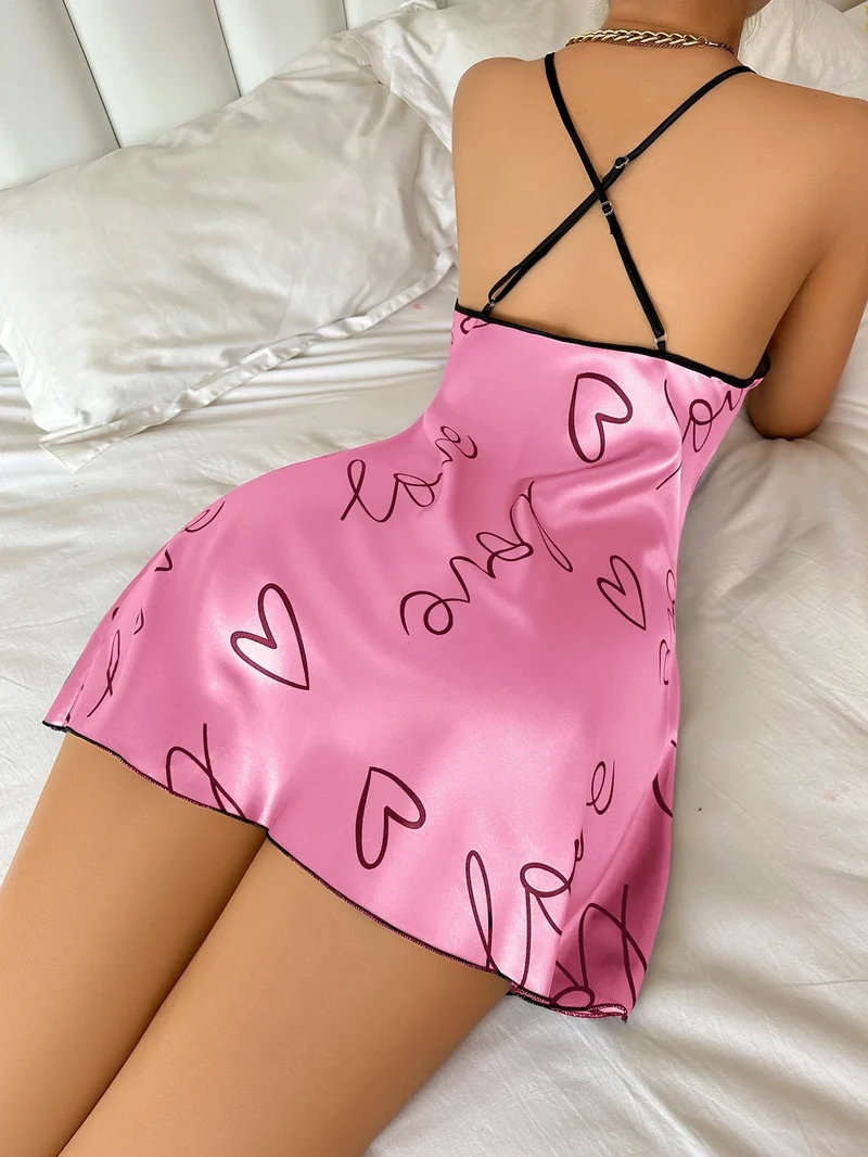 Heart Letter Print Nightdress Casual Round Neck Spaghetti Strap Sleep Dress Women's Sleepwear Dresses