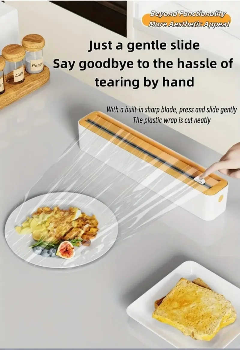 Large Size Plastic Wrap Dispenser with Cutter, Dual Slide Cutting Multifunctional Foil & Parchment Paper Cutter, Reusable Kitchen Film Sealing Machine, Compatible with Plastic Wrap, Aluminum Foil, Baking Paper & Wax Paper, Du
