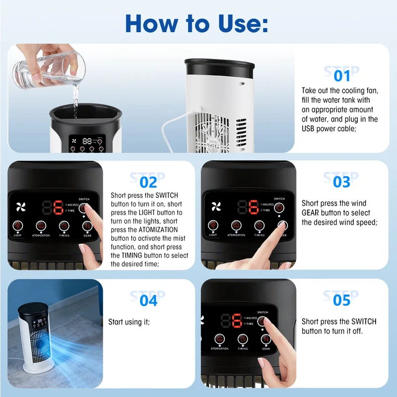 Portable Air Conditioner Fan 6 Speeds Misting Humidifier USB Desktop Cooler LED Display Timer Home Office Personal Summer