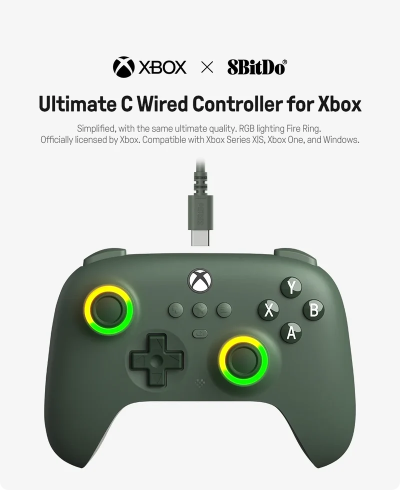 8BitDo Ultimate C Wired Gaming Controller for Xbox, RGB Lighting Fire Ring and Hall Effect Joysticks, Windows 10/11