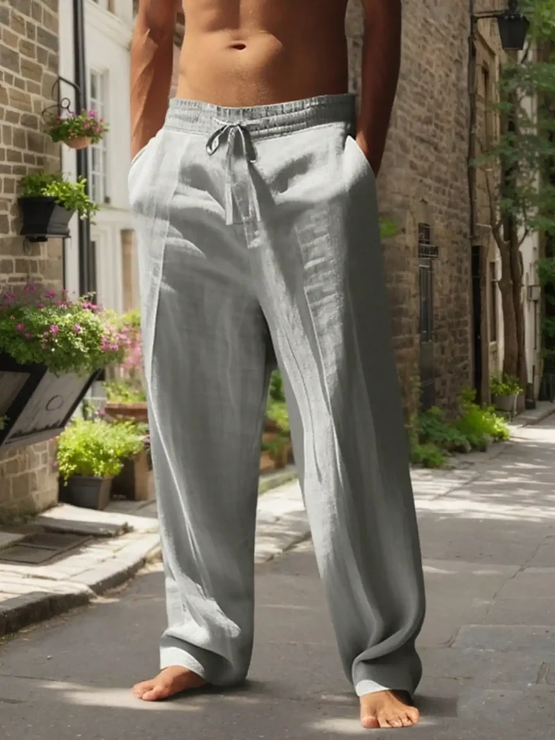 Men Linen Wide Leg Casual Pants Loose Lightweight Trousers Breathable Summer Spring Fall Daily Wear