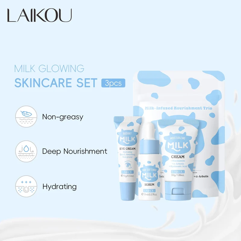 LAIKOU Milk Skincare Travel Set 3pcs Niacinamide Hyaluronic Acid Face Serum Eye Cream Face Cream Moisturizing Glowing Skin Care