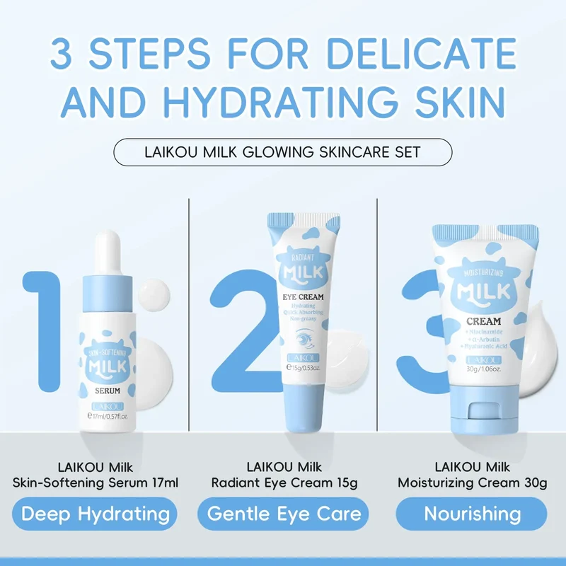LAIKOU Milk Skincare Travel Set 3pcs Niacinamide Hyaluronic Acid Face Serum Eye Cream Face Cream Moisturizing Glowing Skin Care