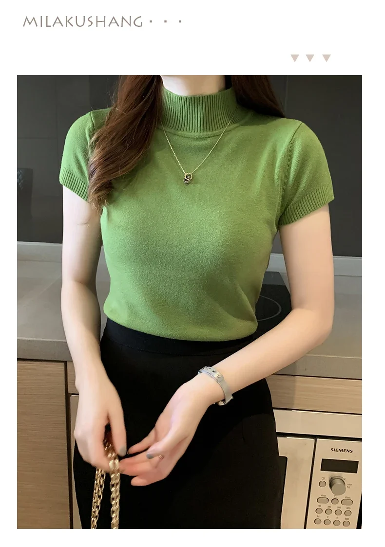Half-High Neck T-Shirt Women's Fashion Jumper Casual Tops Korean Style Elegant Solid-Coloured Clothing Spring And Summer Season