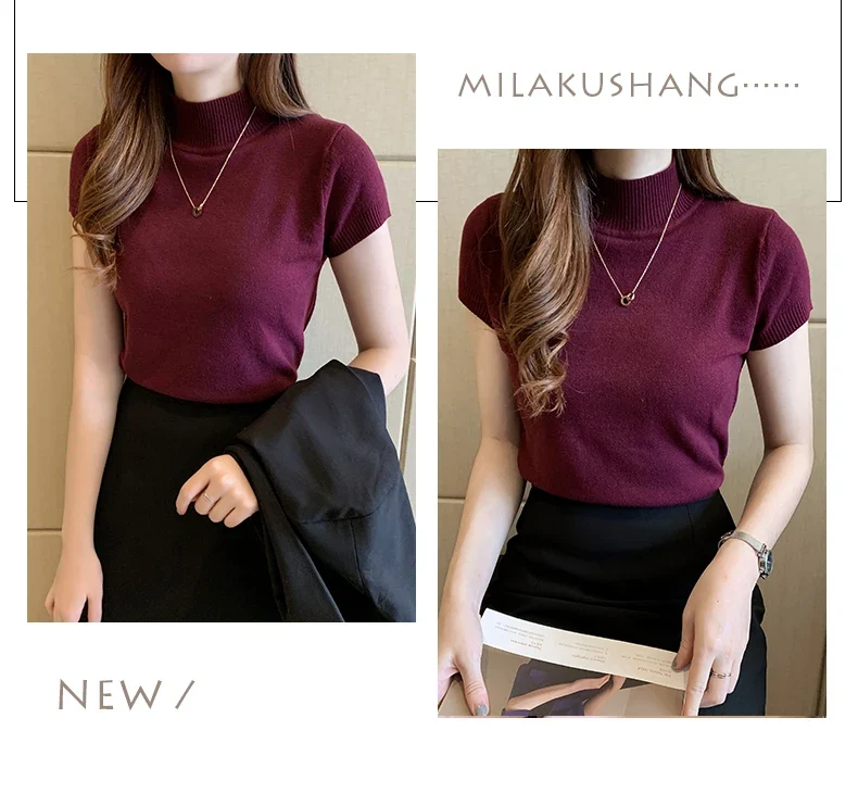 Half-High Neck T-Shirt Women's Fashion Jumper Casual Tops Korean Style Elegant Solid-Coloured Clothing Spring And Summer Season