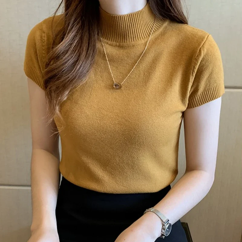 Half-High Neck T-Shirt Women's Fashion Jumper Casual Tops Korean Style Elegant Solid-Coloured Clothing Spring And Summer Season