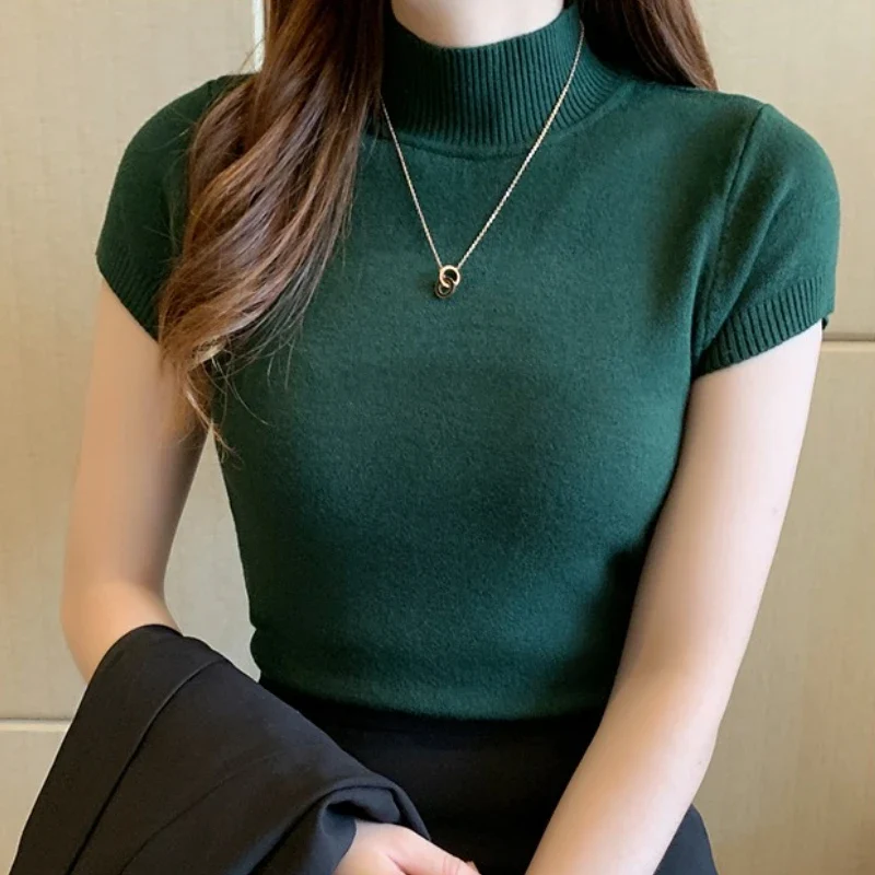 Half-High Neck T-Shirt Women's Fashion Jumper Casual Tops Korean Style Elegant Solid-Coloured Clothing Spring And Summer Season